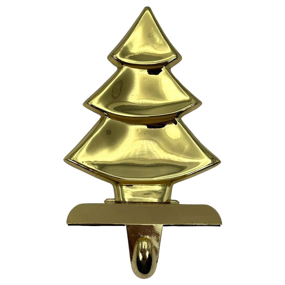 Christmas Stocking Hanger Holder Tree Gold Metallic Metal 6" Heavy Shiny